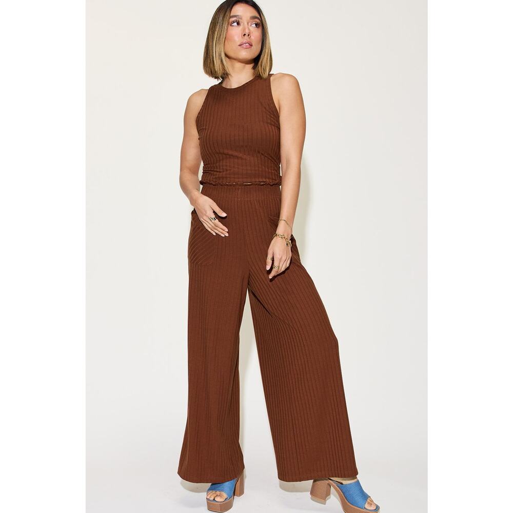 BASIC BAE Plus Burnt Umber Two Piece Ribbed Wide Leg and Tank Outift Set NEW